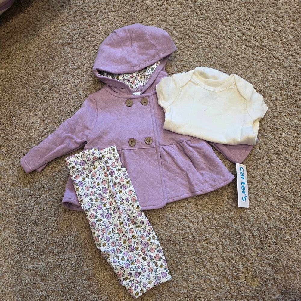 NWT Carter's set; floral leggings, bodysuit and purple jacket sz 3mo